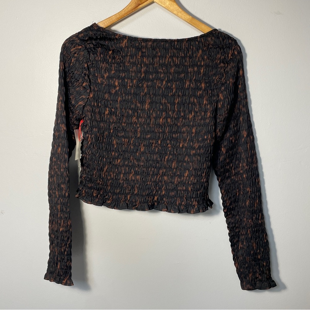 Open Edit Brown Black Long Sleeve‎ Ruched Crop Top women’s size Medium - Picture 4 of 13
